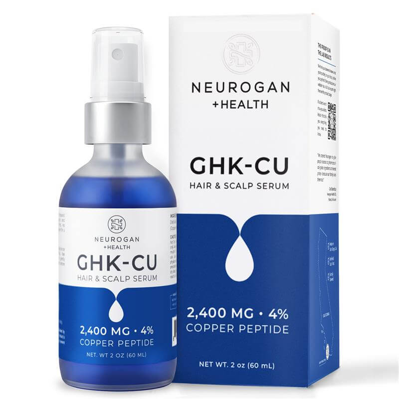 Neurogan Health GHK-Cu Hair and Scalp Serum, 60 ml blue spray bottle beside its blue and white carton.