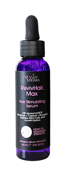 RevivHair Max Hair Stimulating Serum, 60 ml purple glass bottle with a black dropper and label.