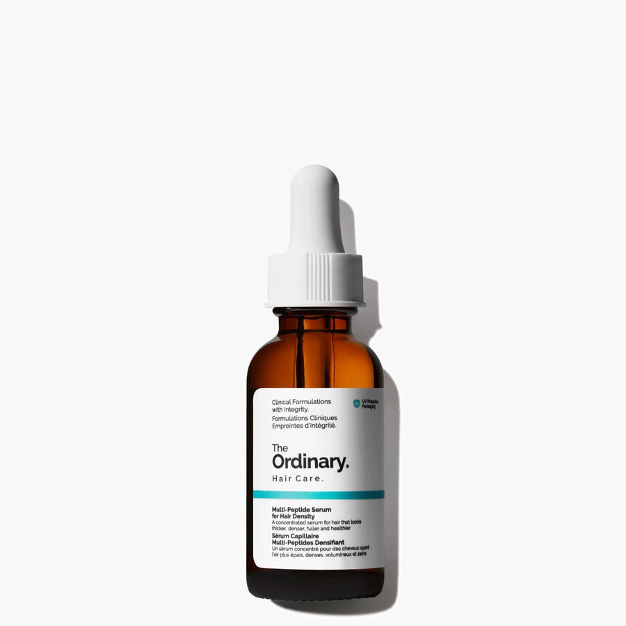 The Ordinary Multi-Peptide Serum for Hair Density, 60 ml amber bottle with a white dropper and teal-accented label.