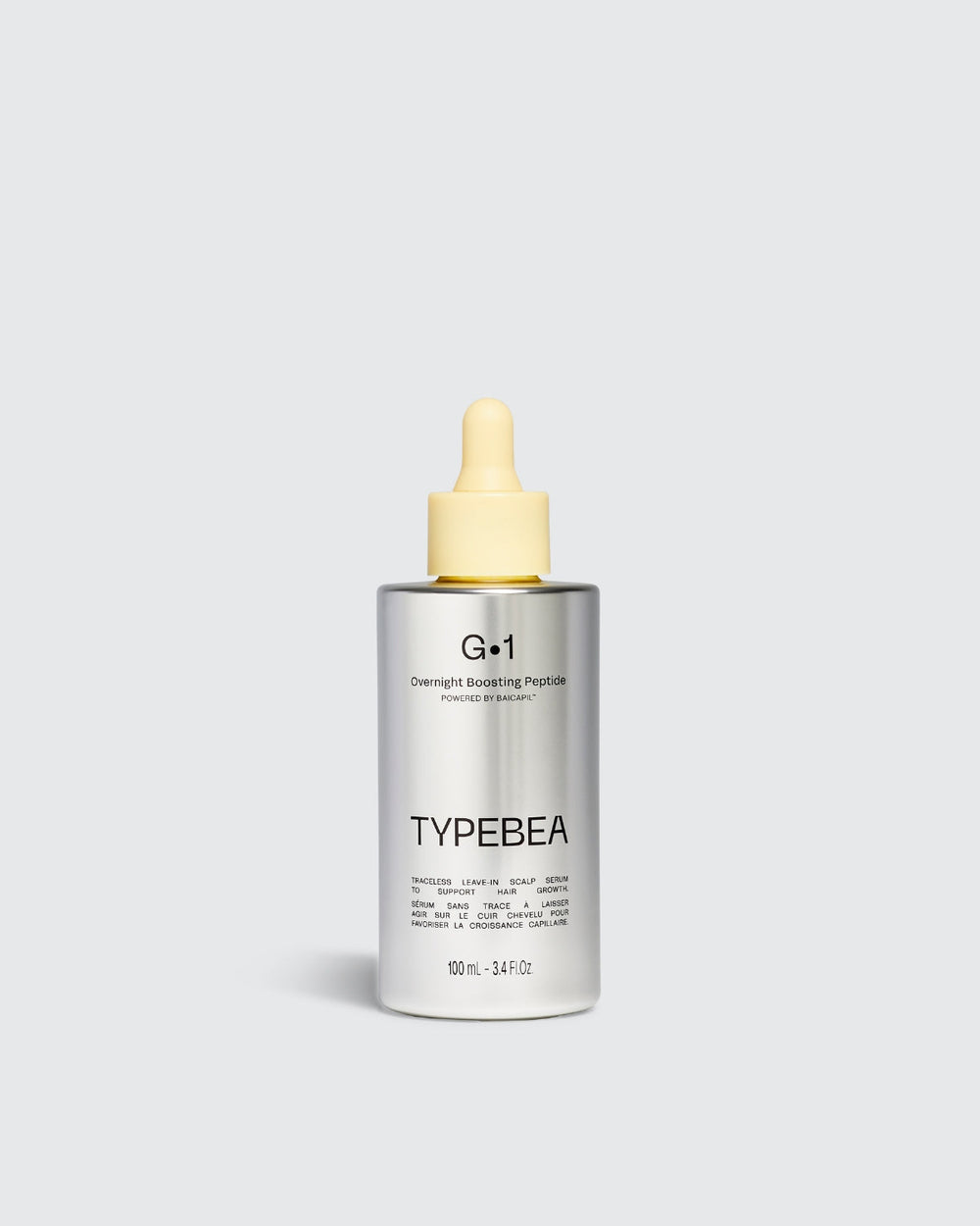 TYPEBEA G1 Overnight Boosting Peptide, 100 ml silver bottle with a yellow dropper.